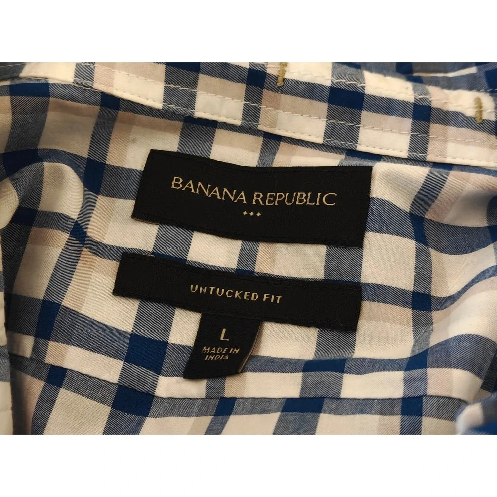 Banana Republic Mens‎ Blue White Plaid Untucked Fit Cotton Shirt Large 801165-23
